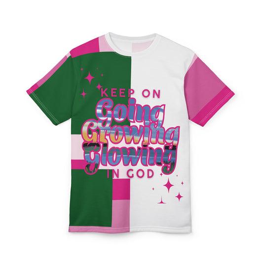 Keep on Going, Growing, Glowing in God Tee (Pink & Green)